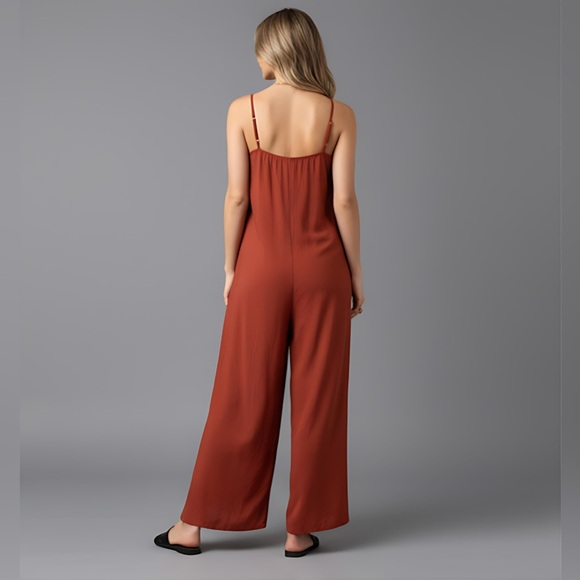 Rust Tropical Embroidery Wide Leg Cami Jumpsuit Without Belt - Picture 4 of 10